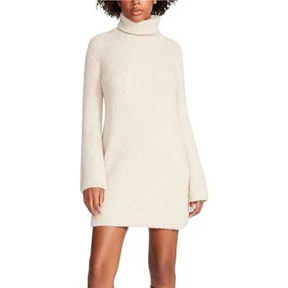 Steve Madden Dresses & Skirts - Steve Madden Abbie Sweater Dress Knit Turtleneck Long Sleeve Mini Oatmeal Small